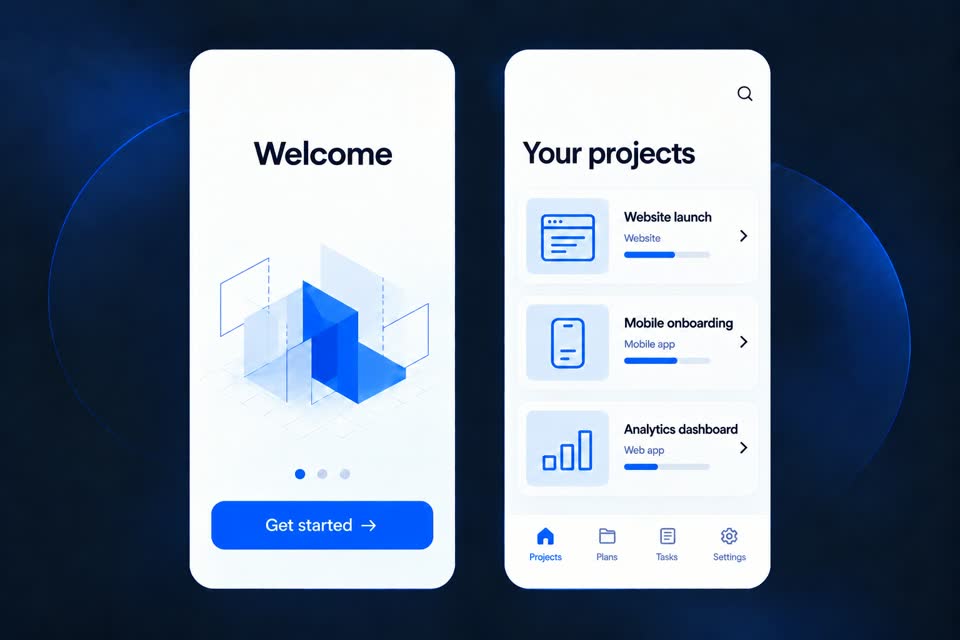 Mobile onboarding and project interfaces