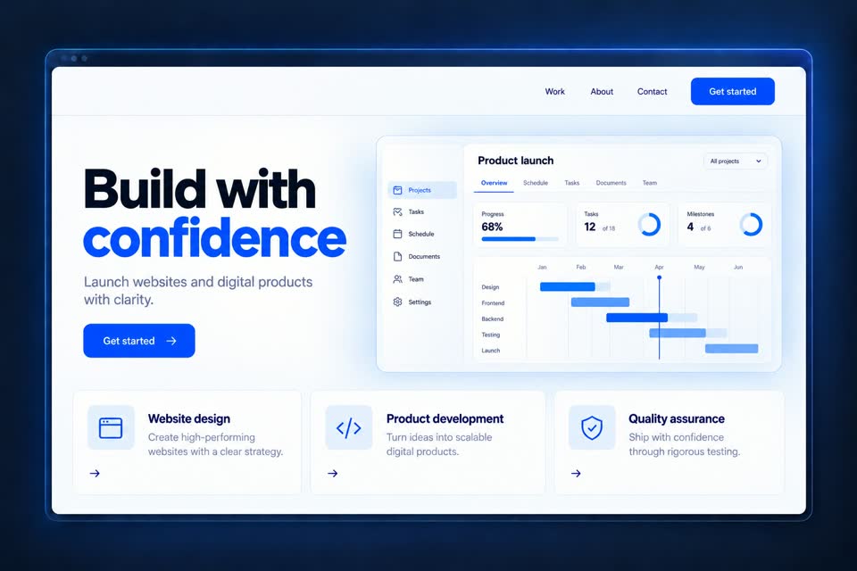 Premium website interface in navy, blue and white
